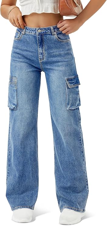 Women High Waisted Cargo Jean for Women with 6 Pockets Straight Wide Leg Jean Casual Baggy Pants
